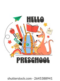 preschool illustration, hello preschool, cute kangaroo, school supplies, kids education, back to school, school backpack, animal character, learning fun, early childhood, first day of school.