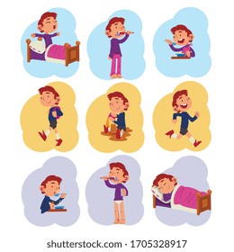 Preschool Kid Daily Routine Activities Collection, Cute Boy Waking Up, Brushing his Teeth, Eating, Playing, Sleeping at Night Cartoon Vector Illustration