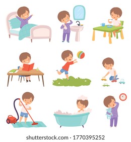 Se organizan actividades rutinarias preescolares, se despierta un niño, se cepilla los dientes, se come el desayuno, se lee el libro, se juegan juguetes, se vacula el suelo, se toma el vector de dibujos de baño Ilustración