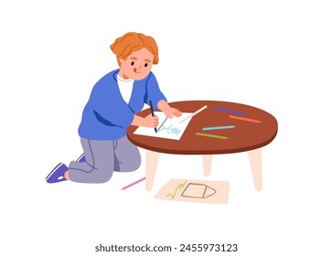 Preschool kid drawing on paper at table. Happy cute toddler with pencils. Little boy, kindergarten child painting, creative leisure time. Flat vector illustration isolated on white background