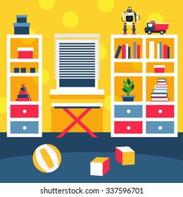 Preschool Kid Room Interior. Small Boy Playing Area With Bookshelf And Toys On The Floor. Flat Style Vector Illustration.