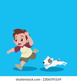 Preschool kid running scared of dog running after him