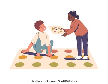 Preschool kids cartoon characters playing twister room floor game having fun activity leisure time