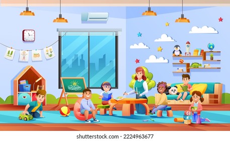 Preschool kids cartoon. Kindergarten room with teacher and student illustration