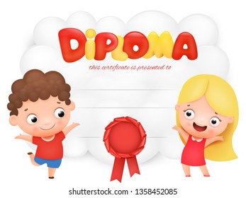 Preschool Kids Diploma cartoon template Vector illustration