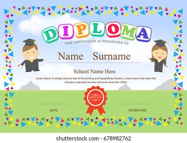 Preschool Kids Diploma Certificate Design Template Stock Vector ...