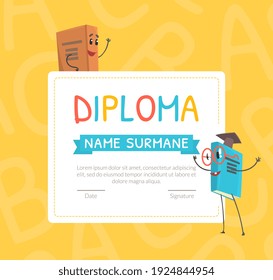 Preschool Kids Diploma Template, Children Education, Scientific Achievements Certificate Cartoon Vector Illustratio