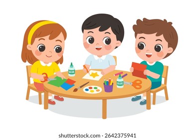 Preschool Kids Doing Creative Art Activities Together. Children Making Paper Crafts with Glue and Scissors. Art Class for Children with Colored Paper and Supplies.