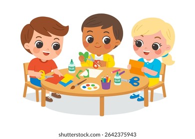 Preschool Kids Doing Creative Art Activities Together. Children Making Paper Crafts with Glue and Scissors. Art Class for Children with Colored Paper and Supplies.