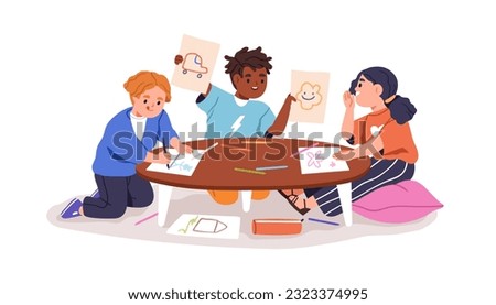 Preschool kids drawing at table. Cute little children with pencils painting on papers together. Happy girls and boys friends at leisure. Flat graphic vector illustration isolated on white background