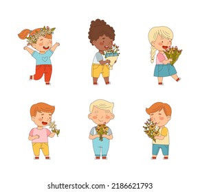 Preschool kids holding bouquet of flowers and smelling it set vector illustration