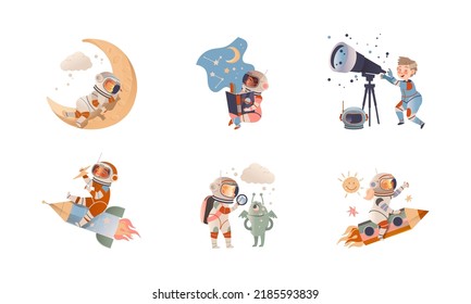 Niños de preescolar volando sobre cohetes y leyendo libros sobre el conjunto de espacios. Niños lindos soñando con convertirse en astronautas ilustraciones vectoriales