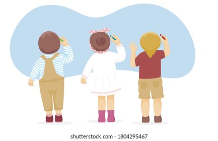 Preschool kids painting with 
chalk color on the wall vector Illustration.