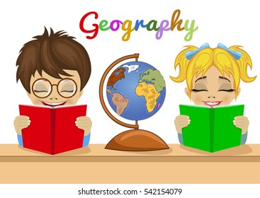 preschool kids studying geography together reading books with explorer globe