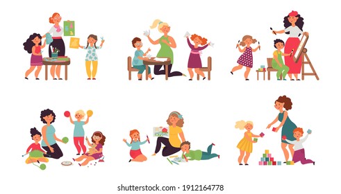 Preschool kids teacher. Child playing, kindergarten preschool characters with adult woman. Art therapy, cute toddler group decent vector set