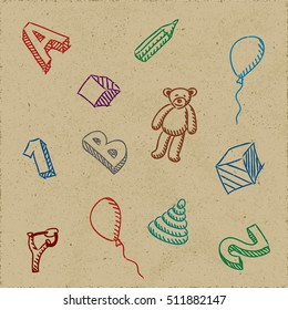 Preschool Kids Toys and Educational Things Composition - Colored Balloons Cubes Figures Letters Pencil Pyramid Slingshot and Teddy Bear on Rough Brown Paper Background - Quick Sketch Handdrawn Style