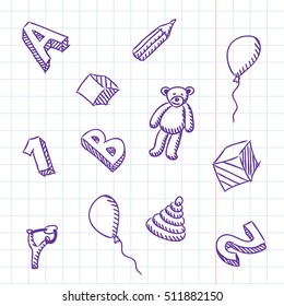 Preschool Kids Toys and Educational Things Composition - Blue Balloons Cubes Figures Letters Pencil Pyramid Slingshot and Teddy Bear on Checked Copybook Sheet Background - Quick Sketch Handdrawn Style