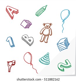 Preschool Kids Toys and Educational Things Composition - Colored Balloons Cubes Figures Letters Pencil Pyramid Slingshot and Teddy Bear on White Natural Paper Background - Quick Sketch Handdrawn Style