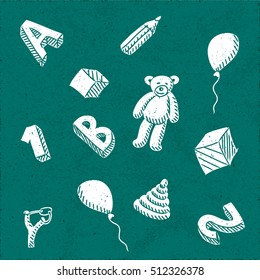 Preschool Kids Toys and Educational Things Composition - White Balloons Cubes Figures Letters Pencil Pyramid Slingshot and Teddy Bear on Rough Turquoise Paper Background - Quick Sketch Handdrawn Style