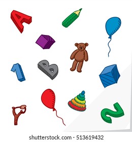 Preschool Kids Toys and Educational Things Composition - Colored Balloons Cubes Figures Letters Pencil Pyramid Slingshot Teddy Bear on White Natural Paper Background - Sketch Handdrawn Style