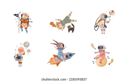 Preschool kids wearing space suits riding rocket and floating in space set. Cute children dreaming of becoming astronauts vector illustration