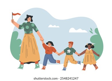 Preschool Kids with Woman Kindergarten Teacher Walking Outdoor Vector Illustration