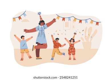 Preschool Kids with Woman Kindergarten Teacher Dance Celebrate Holiday Vector Illustration