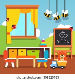 Preschool kindergarten classroom with desk, chairs, chalkboard and toys. Flat style cartoon vector illustration with isolated objects.