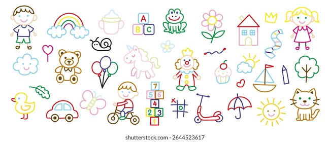 Preschool kindergarten doodle line seamless pattern. Cute daycare hand drawn elements. Vector illustration