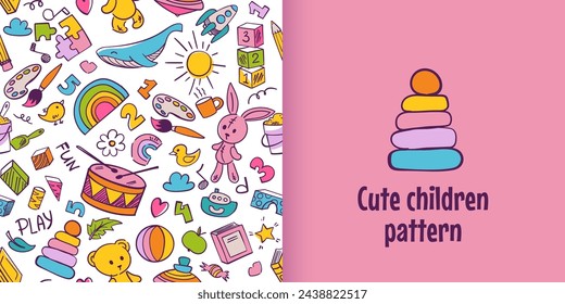 Preschool kindergarten doodle seamless pattern. Educational toys, activities, doodle drawing, line art. Children vector illustration