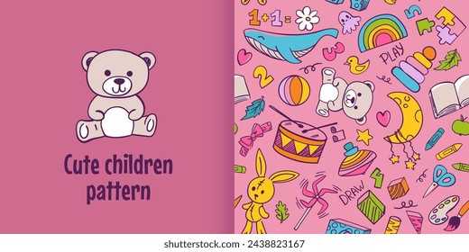 Preschool kindergarten doodle seamless pattern. Educational toys, activities, doodle drawing, line art. Children vector illustration