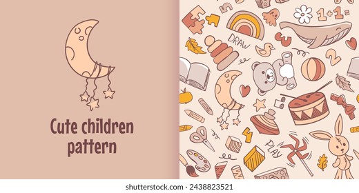 Preschool kindergarten doodle seamless pattern. Educational toys, Children activities, doodle drawing, line art. Children vector illustration