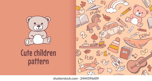 Preschool kindergarten doodle seamless pattern. Educational toys, activities, doodle drawing, line art. Children vector illustration