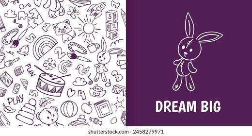 Preschool kindergarten doodle seamless pattern. Educational toys, activities, doodle drawing, line art. Children vector illustration