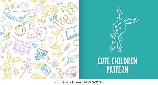 Preschool kindergarten doodle seamless pattern. Educational toys, kids activities, doodle drawing, line art. Children vector illustration