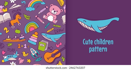 Preschool kindergarten doodle seamless pattern. Educational toys, kids activities, doodle drawing, line art. Children vector illustration