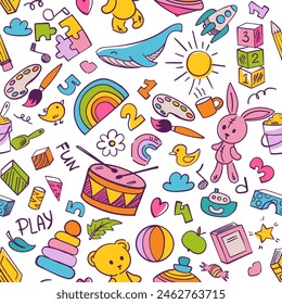 Preschool kindergarten doodle seamless pattern. Educational toys,  activities, doodle drawing, line art. Children vector illustration