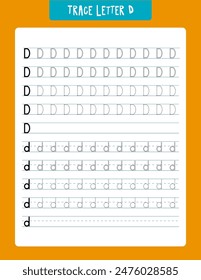 A preschool and kindergarten handwriting practice sheet focusing on the letter 'd'. the worksheet features traceable uppercase and lowercase letters, aiding young children in developing fine motor ski