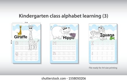 Preschool, kindergarten kids to improve basic writing skills. Learning to write letters. For children and their parents. English alphabet G H I, animal for giraffe, hippo, iguana. vector