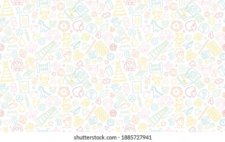 Preschool kindergarten line vector illustration seamless pattern. Educational toys doodle drawing. Thin line icons flat style