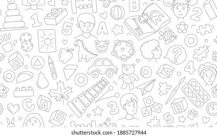 Preschool kindergarten line vector illustration seamless pattern. Educational toys doodle drawing. Thin line icons flat style