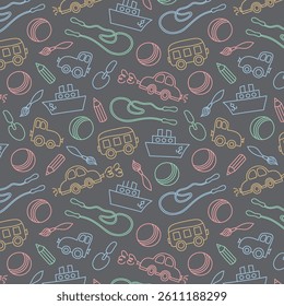 Preschool kindergarten line vector illustration seamless pattern. Educational toys doodle drawing. Thin line icons flat style