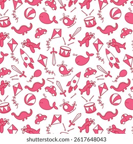 Preschool kindergarten line vector illustration seamless pattern. Educational toys doodle drawing. Thin line icons flat style
