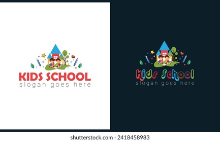 Preschool, kindergarten logo icon design template. Children school vector illustration. Kids school Logo Design