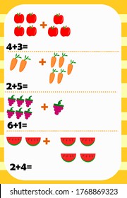 Preschool and kindergarten math worksheet.Learning numbers.Counting game for children.Basic addition fact.