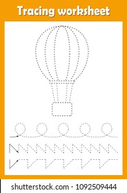 Preschool or kindergarten tracing worksheet with dashed lines for practicing fine motor skills. Trace line educational game for kids. A4 handwriting  practice sheet. Air balloon vector illustration.