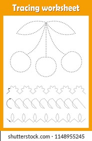 Preschool or kindergarten tracing worksheet with dashed lines for practicing fine motor skills. Trace line educational game for kids. A4 handwriting  practice sheet. Cherry vector illustration.