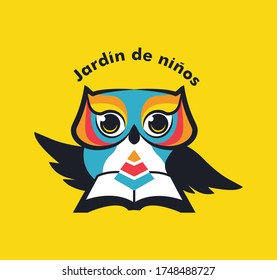 Preschool logo design. Kindergarten colorful owl icon template. 