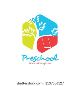 Preschool logo design. Kindergarten icon template. Play group education vector illustration