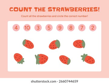 Atividade de matemática pré-escolar para crianças. Conte todos os morangos e escolha o número correto. Jogo de reconhecimento de número educacional. Objetos frutados brilhantes para aprendizagem precoce. Ilustração vetorial